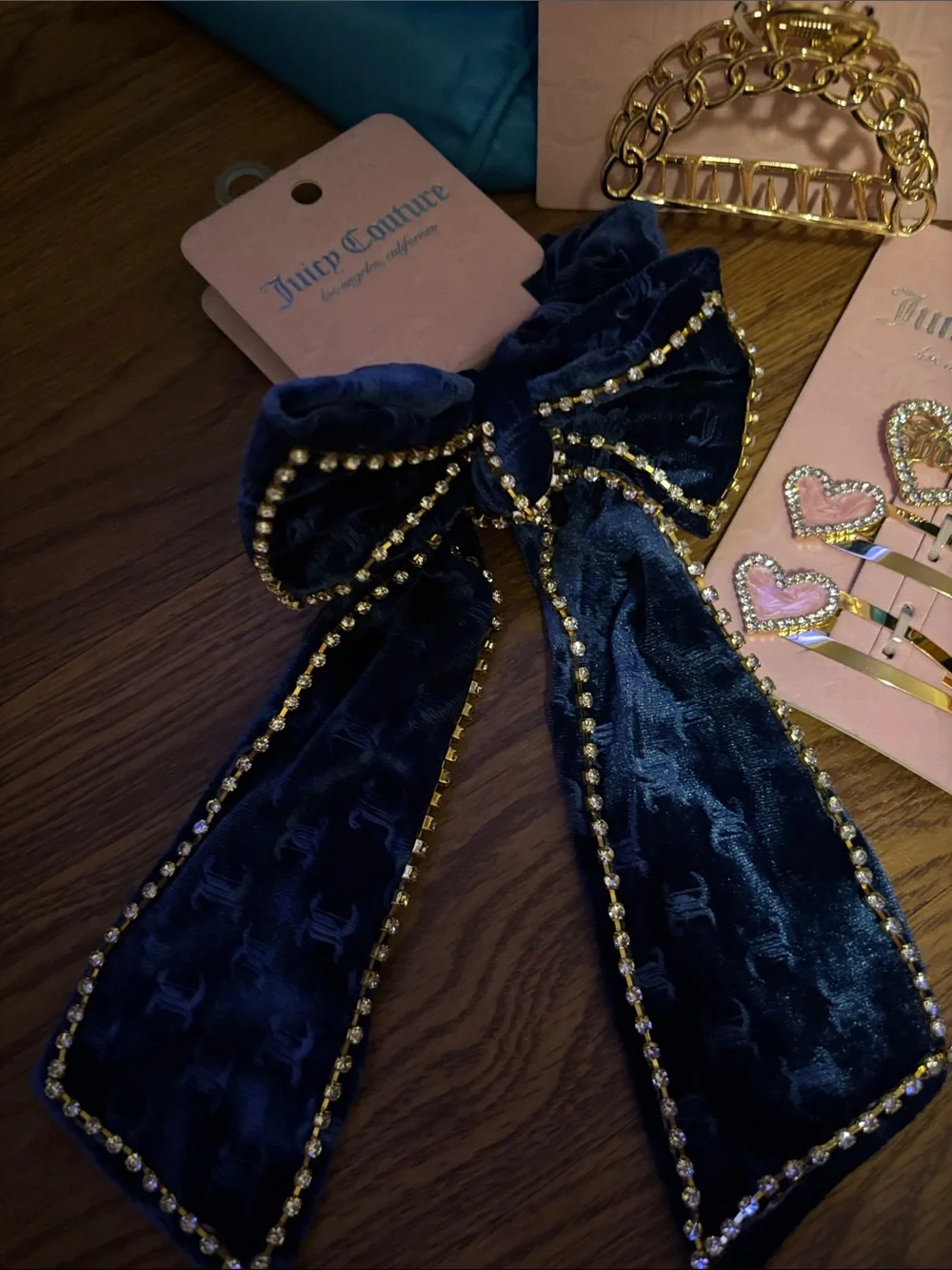 Juicy Couture Navy Velvet Bow Hair Clips with Gold-Tone & Pink Accent Clips